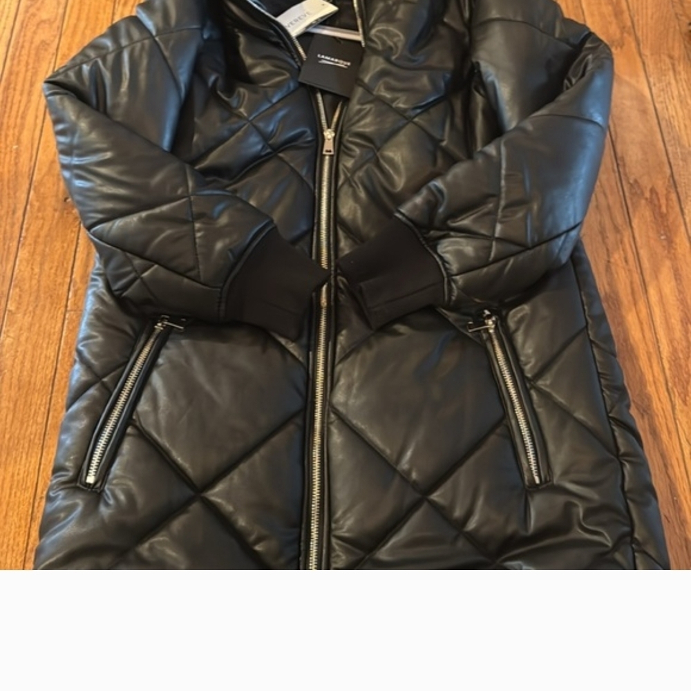 Lamarque Black Quilted Leather Jacket Feather Winter Warm Hood Womens X Small